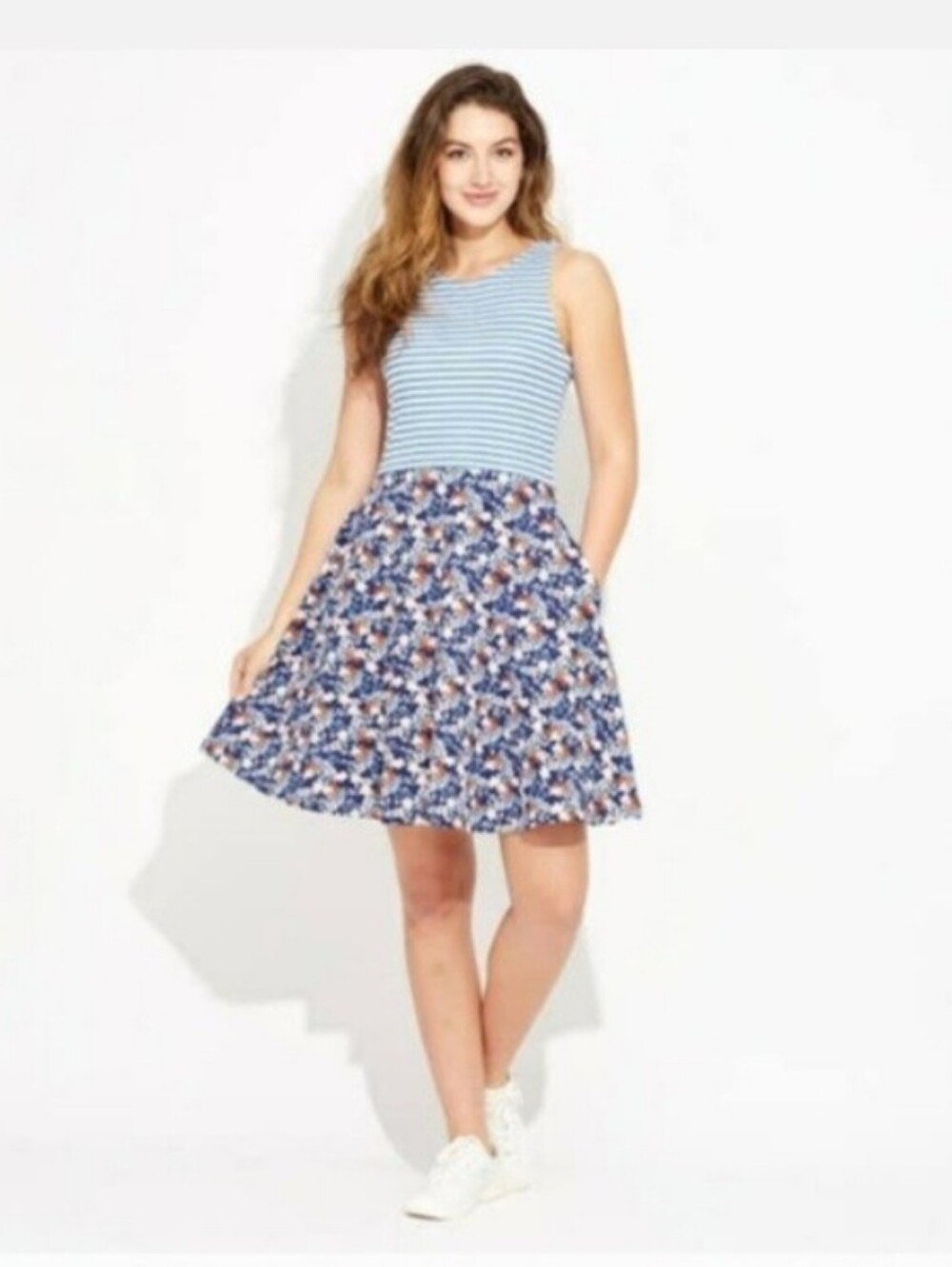 Pact Blue Striped Top with Blue Floral Skirt Fit And Flare Dress M